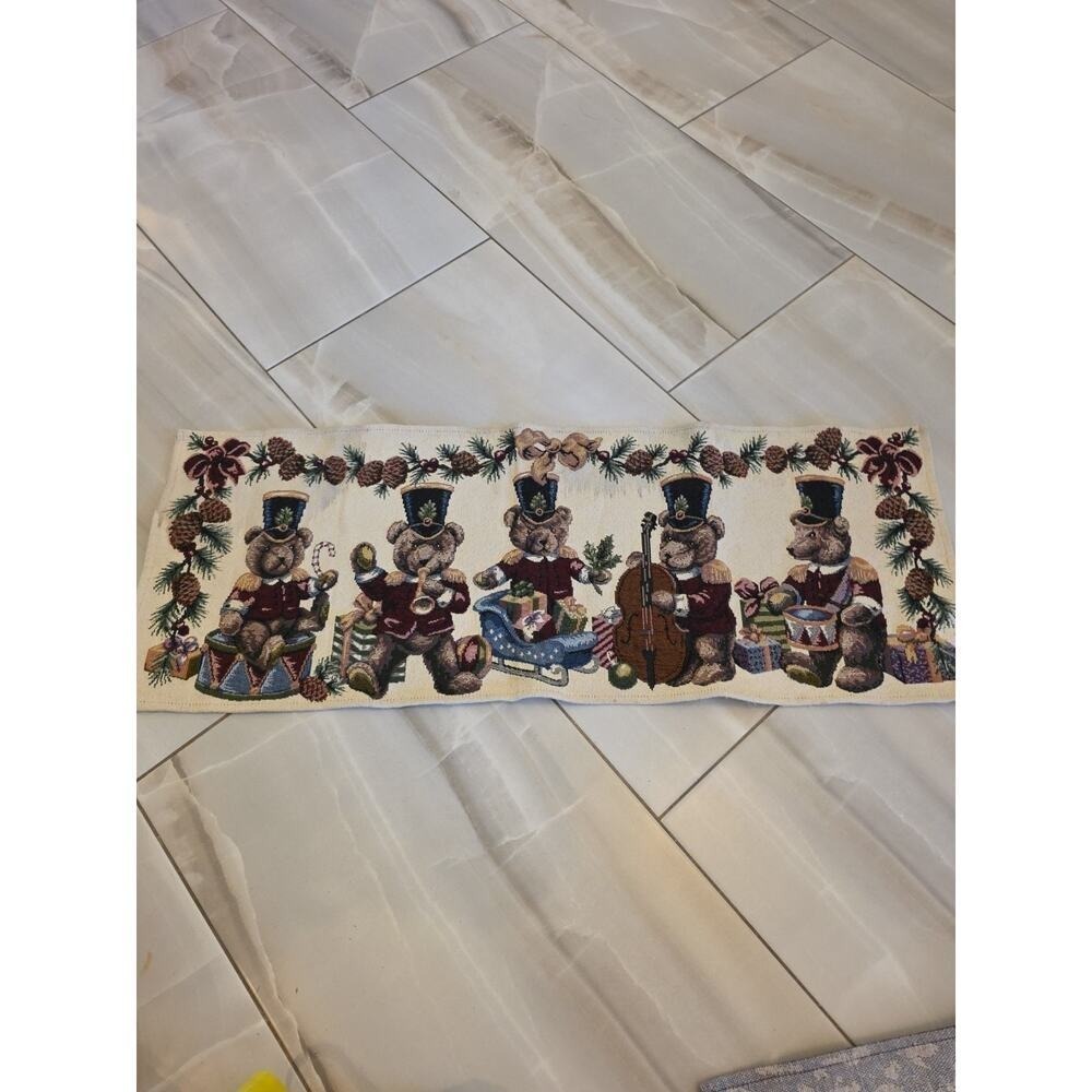 Tapestry Christmas Bears Table Runner 60" X 13.5" Tassels New Holiday